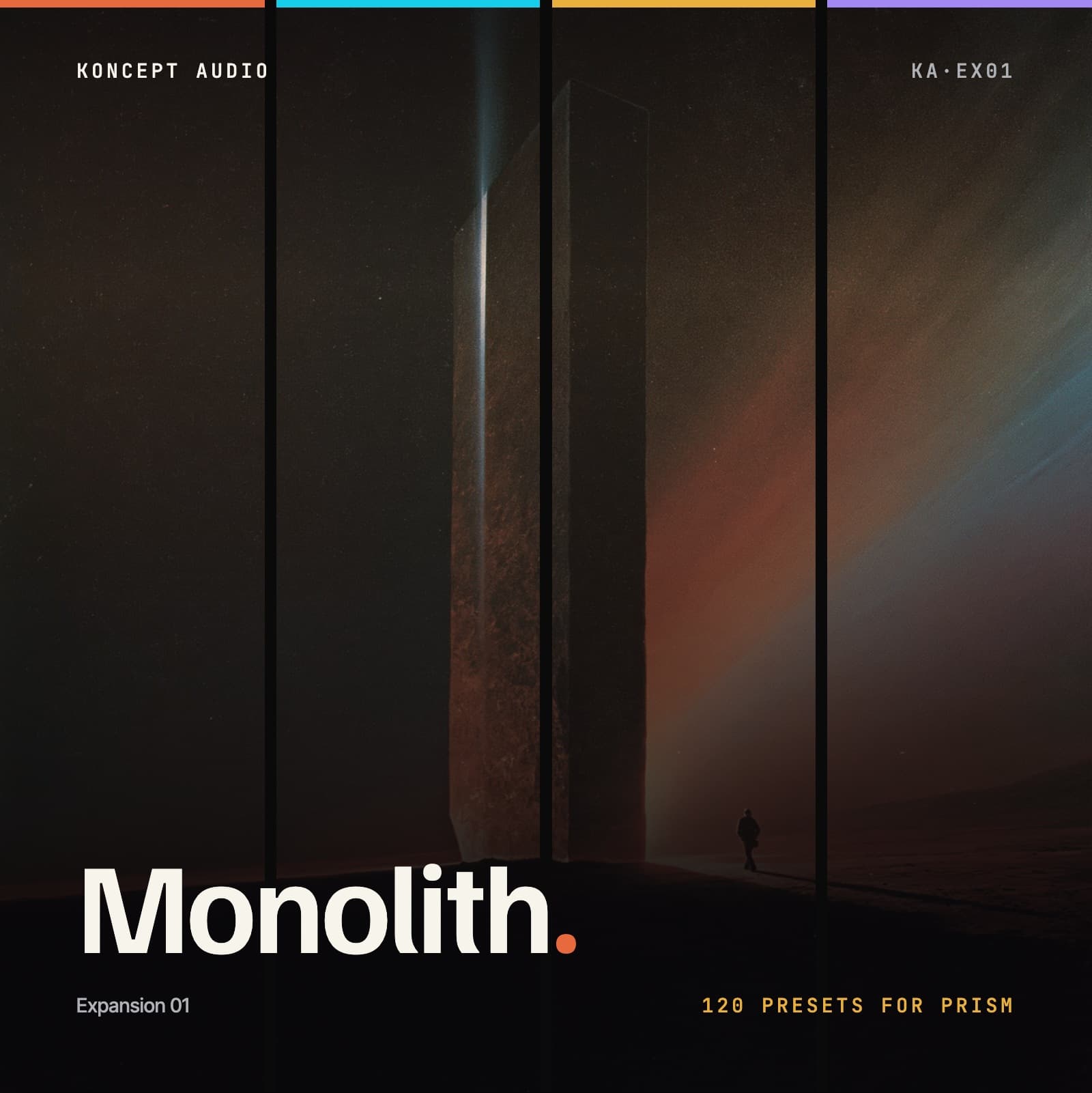 Monolith expansion cover: a lit monolith on a dark plain, divided into four vertical panels in the module colours.