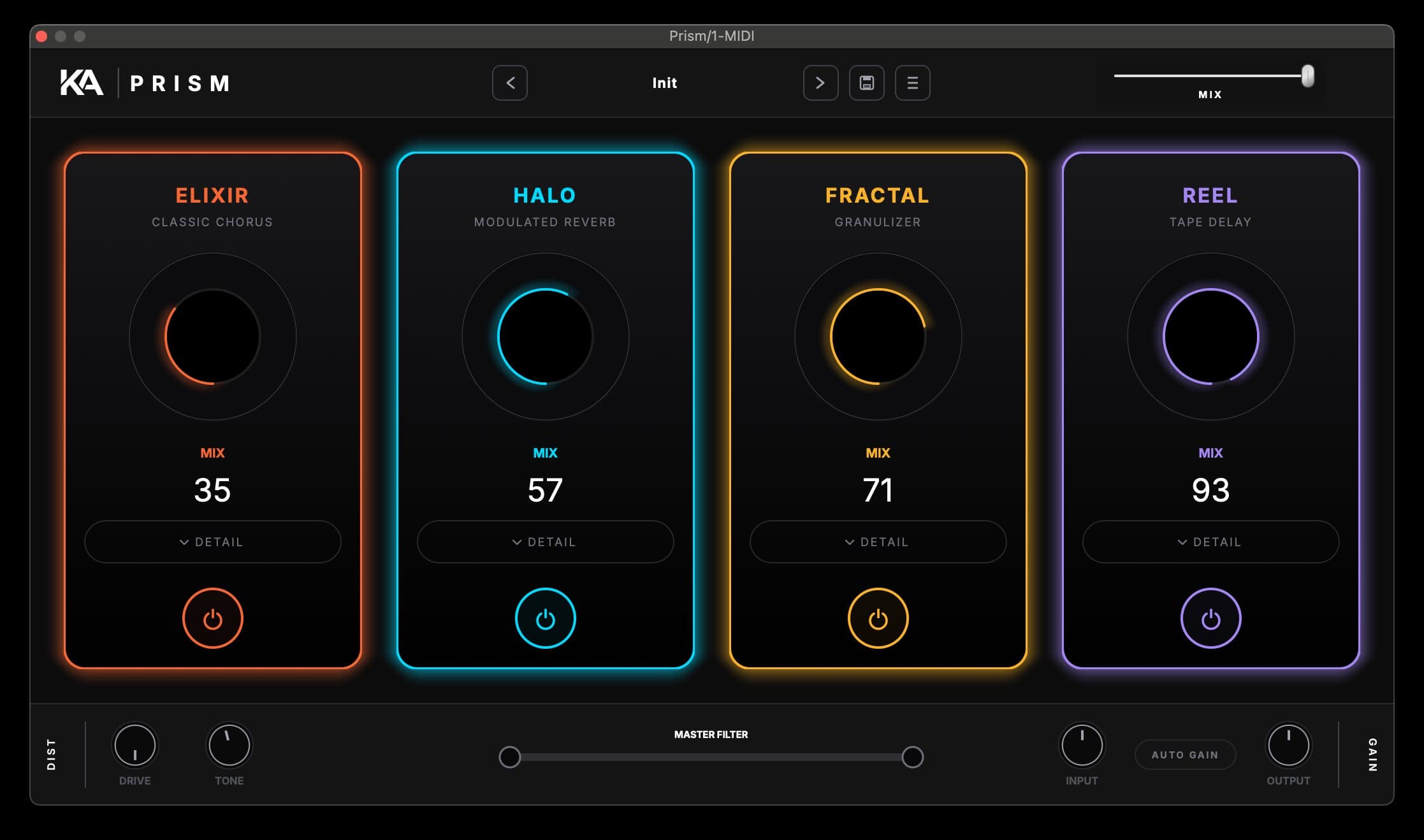 PRISM plugin interface — Elixir chorus, Halo reverb, Fractal granulizer, Reel tape delay
